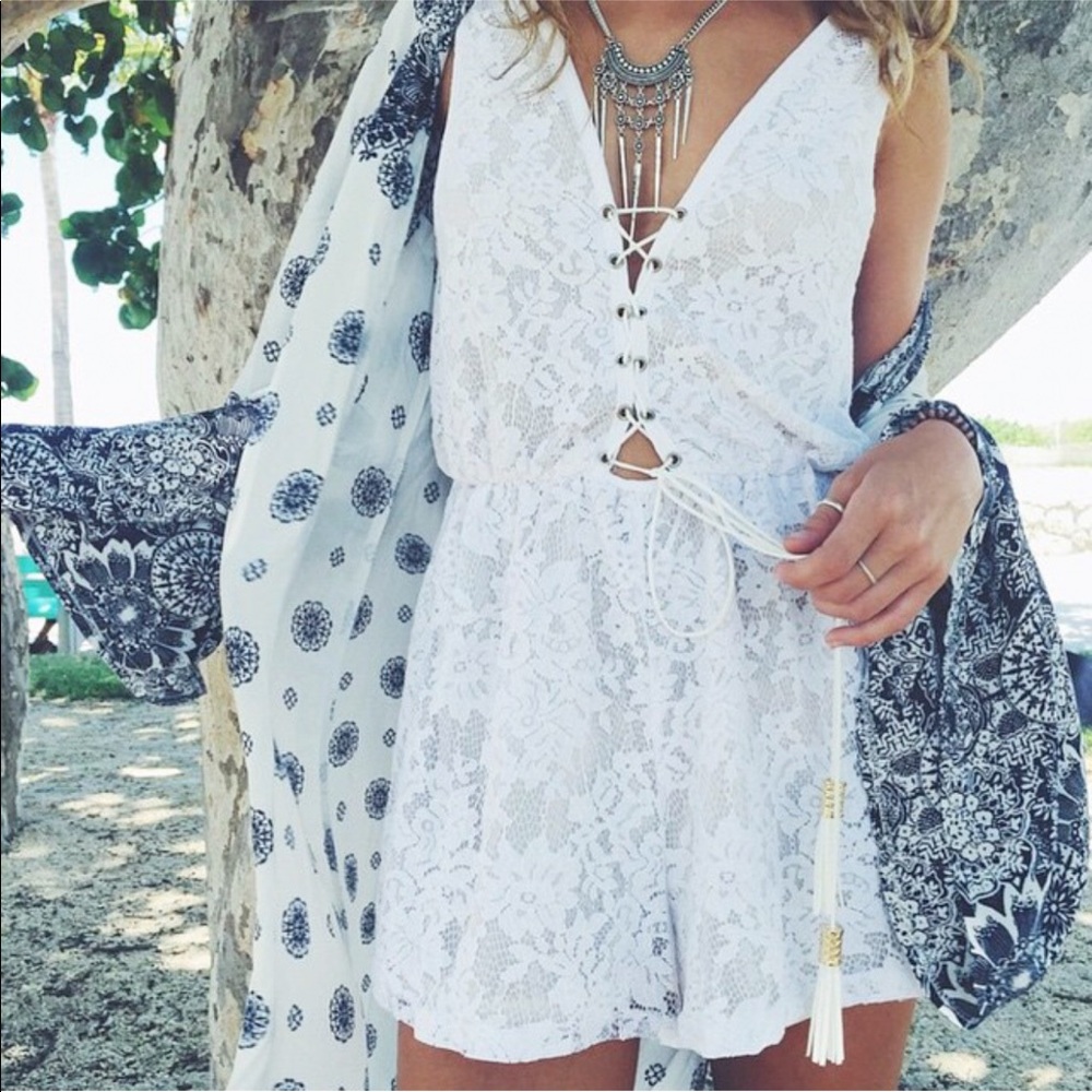 LF white lace lace up tassel romper